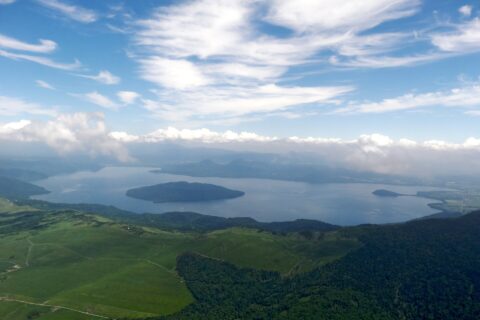 Lake Kussharo seen from the west, in Teshikaga, Hokkaido Prefecture, Japan.