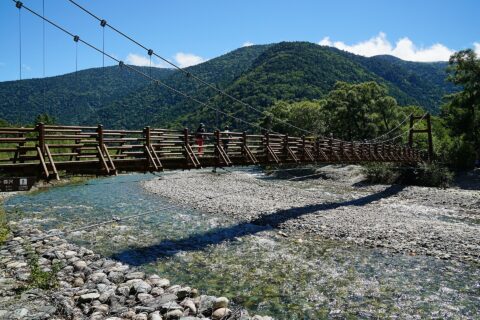 梓川と明神橋。 所在地は長野県松本市の上高地。