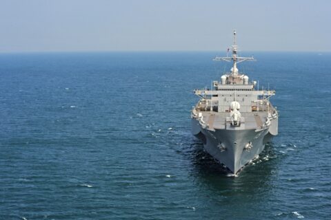 160227-N-TV402-356 TOMOGASHIMA CHANNEL (Feb. 27, 2016) - The U.S. 7th Fleet flagship USS Blue Ridge (LCC 19) steams along Tomogashima Channel as she departs Osaka, Japan. Blue Ridge conducted a regularly scheduled port v