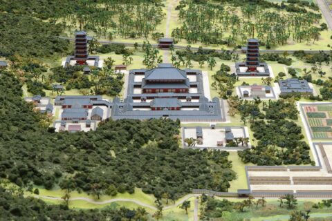 奈良時代の東大寺伽藍の模型、北側より見る。奈良市役所所蔵平城京1/1000模型の一部。