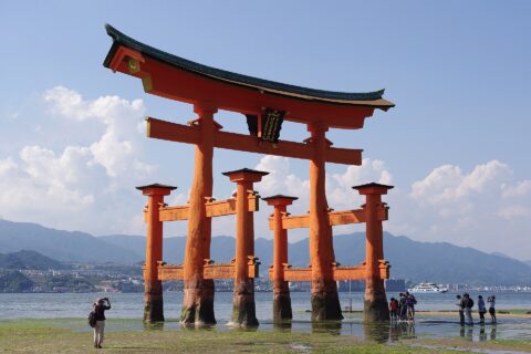 The floating torii gate of the Itsukushima Shrine in Japan, during low tide.