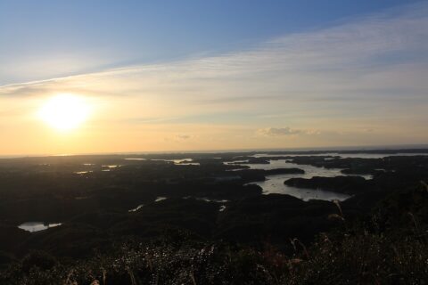 Ago Bay and sunrise seen from Yokoyama Viewpoint, in Shima, Mie prefecture, Japan.