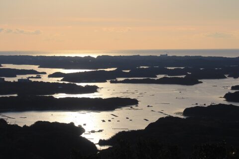 Ago Bay and sunrise seen from Yokoyama Viewpoint, in Shima, Mie prefecture, Japan.