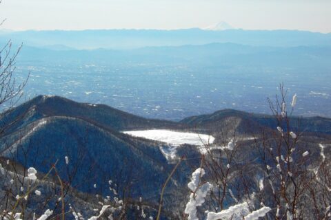 Lake Ono, smaller cardera lake and Mount Fuji from the middle of Mount Kurobi, of Akagi Mountains, Gunma, Japan.