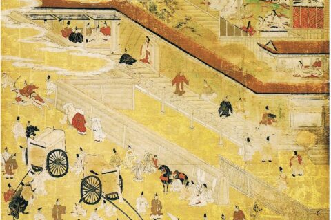 安徳天皇生誕から、壇ノ浦入水に至る一代を画いたもの。上部の色紙形の書は伝青蓮院宮筆。もとは阿弥陀寺（赤間神宮）内の安徳天皇御霊堂の障子絵であったものが、明治になって軸装に改められた。