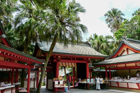 宮崎県宮崎市青島にある青島神社。神門脇にビロウ（ヤシ科）が生える。（拝殿前から）