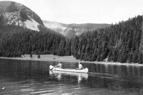 Canoeing on Crystal Lake in the Big Snowy Mountains in central Montana