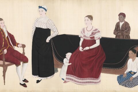 Painting depicting the Cock Blomhoff family with servants. Left, sitting on the chair: Jan Cock Blomhoff, opperhoofd on the trading island of Dejima. Standing beside the canapé: a European wet nurse (probably Petronella