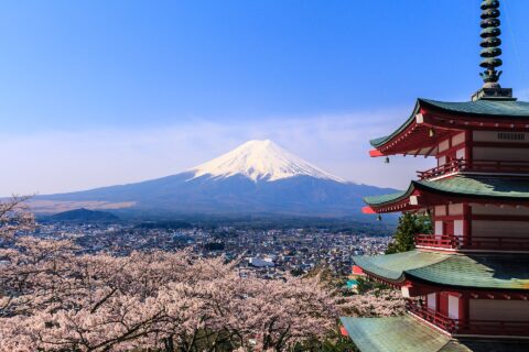 Chūrei-tō pagoda and Mount Fuji with cherry blossoms in the Arakurayama Sengen Park, Fujiyoshida, Yamanashi, central Japan.