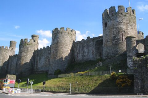 Conwy Castle. Possible the view is looking south from Conwy Road. A mini-roundabout is visible at the bottom. David Benbennick took this photo on May 13, 2005 at 4:33 PM (15:33 UTC).
