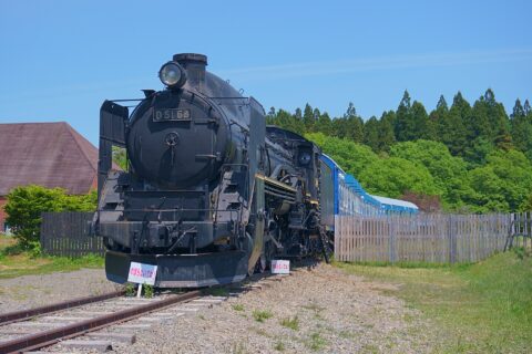 小岩井農場にて静態保存されているD51形蒸気機関車68号機。現存する希少な半流線形スタイルの同機は、2008年までSLホテルとして営業されたが、2022年現在では半ば朽ちるに任されている。