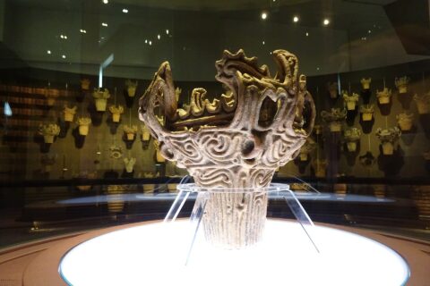 Flame-style Pottery. Exhibit "Exploring Jomon Culture", Niigata Prefectural Museum of History, Nagaoka, Niigata Prefecture, Japan.