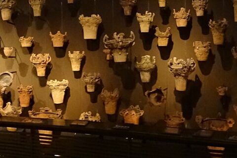 Flame-style Pottery. Exhibit "Exploring Jomon Culture", Niigata Prefectural Museum of History, Nagaoka, Niigata Prefecture, Japan.