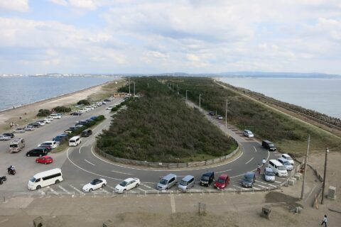 Futtsu Park. Chiba, Japan. There is a tall concrete tower structure on the west end of the peninsula. This picture was taken from the top of the tower looking back east. To the north, west, and south, is the Tokyo Bay.