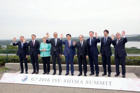 President Barack Obama joins G7 Summit leaders for a "family" group photo at the Shima Kanko Hotel, Bay Suites, in Shima City, Japan, May 26, 2016. G7 leaders include: Prime Minister Justin Trudeau of Canada, President F