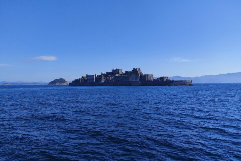 Hashima Island taken on a ship in 2023