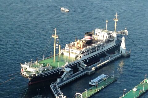 山下公園に係留されている氷川丸。横浜マリンタワーの展望台より。