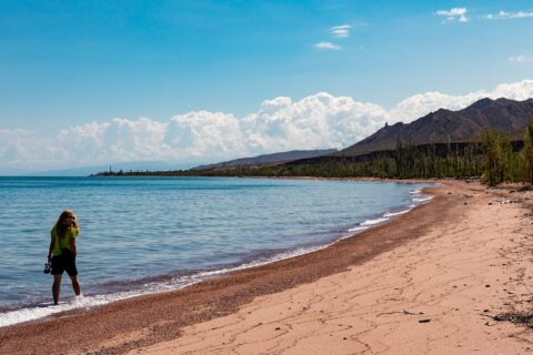 The southern shore Issyk-Kul (Russian: Иссык-Куль, Issyk-Kulj) is an endorheic lake in the northern Tian Shan mountains in eastern Kyrgyzstan. It is the tenth largest lake in the world by volume (though not in surface ar