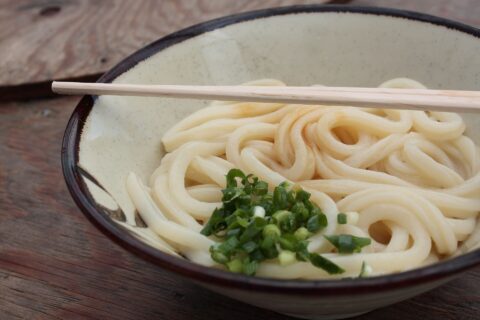 釜揚げの讃岐うどん（香川県高松市香川町川東下字高須899-1、仏生山駅から約5kmにある「池上製麺所 / るみ（瑠美子）ばあちゃんのうどん店」[1]）
