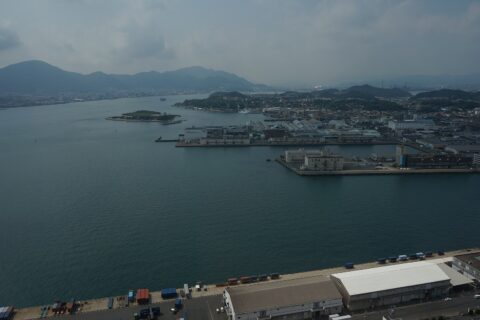 A view of Kanmon Straits from Kaikyo-Yume-Tower toward Hikoshima and Kokura.