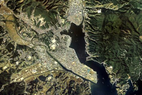 気仙沼市（宮城県）中心部と気仙沼漁港周辺の空中写真。cto-77-9_c6の28,29,30,31、cto-77-9_c7cの8,9,10,11,12、cto-77-9_c8の29,30,31,32,33、合計14枚を合成作成。
