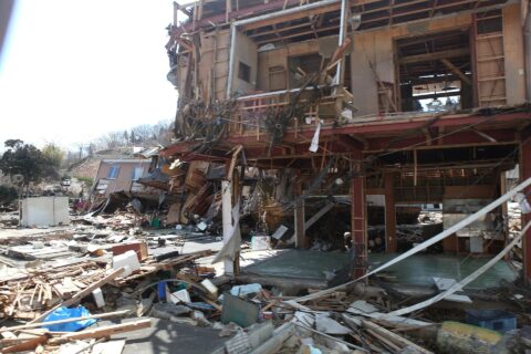 Destroyed buildings rest here after the 9.0 earthquake and following tsunami here, March 27. The 31st MEU and Amphibous Squadron 11 picked up Japanese utility repair vehicles from the port in Kessenuma and delivered food