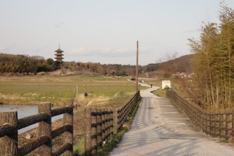 ​吉備路自転車道（岡山県道700号岡山総社自転車道線）と備中国分寺。岡山県総社市。