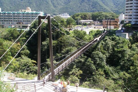 鬼怒楯岩大吊橋（きぬたていわおおつりばし）。栃木県日光市（藤原地区）の鬼怒川に架かる歩行者専用の吊り橋である。全長140m、2009年7月19日開通。
