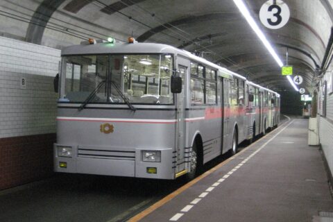 Trolleybuses at Kurobe Dam Station on the Kanden Tunnel trolleybus line, in Japan