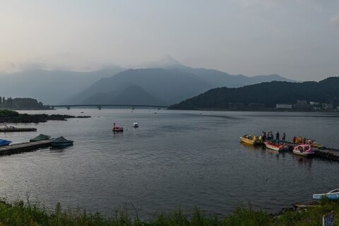 Lake Kawaguchi as seen from the shore of Fujikawaguchiko, shortly before sunset