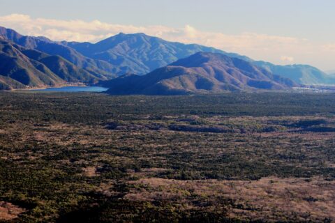 Aokigahara, Mount Ashiwada, Lake Sai and Mount Mitsutoge seen from Mount Ryu (Tenshi Mountains) in Yamanashi Prefecture, Japan.