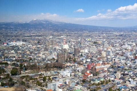 A view from Maebashi looking Northeast towards Mount Akagi. Taken from the 32 Story Prefectural Government Office (kencho) in downtown Maebashi.