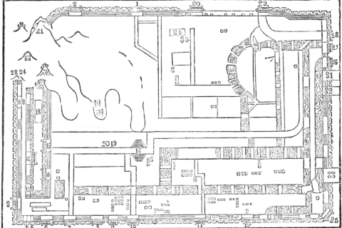 "Plan of the Metropolitan City of Hangchow [Hangzhou] in the 13th Century. (From the Notes of the Right Rev. G. E. Moule.) 1–17, Gates; 18, Ta-nuy [大内, Danei], Central Palace; 19, Woo-Foo [五府, Wufu], The Five Courts; 20,