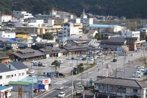 道の駅日和佐 薬王寺より撮影（2012年 徳島県海部郡美波町）跨線橋の向こう側に見えるのがJR日和佐駅