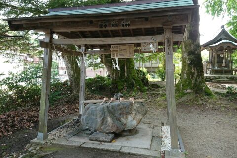 三朝神社の手水舎。手水鉢には温泉が流されており、飲泉場も兼ねていて飲むことができる。鳥取県三朝町の三朝温泉、温泉街からは少し離れた場所にある。三朝神社の社殿は右側方向にあり、ここには写っていない。