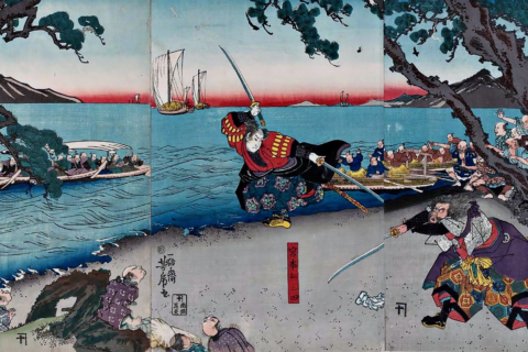 The famous duel between the sword master Miyamoto Musashi (left) and Sasaki Kojiro (Ganryu) at Ganryu-jima island.