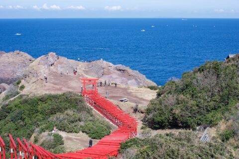 Motonosumi Shrine is located in the northwest part of Yamaguchi Prefecture and away from major towns. Established in 1955, reportedly at the behest of a white fox spirit, Motonosumi-jinja Shrine and its many red torii ga