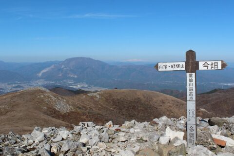 Mount Ibuki and Mount Haku seen from top of Mount Ryozen in Suzuka Mountains, Shiga prefecture, Japan.
