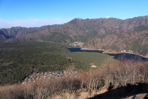 Mount O (Misaka Mountains) , Mount Sanpobun, Aokigahara and Lake Sai seen from Sankodai on Mount Ashiwada in Yamanashi prefecture, Japan.