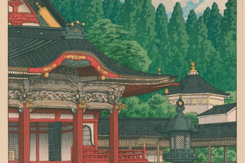 昭和10(1935)年に渡辺画版店から出版された川瀬巴水の版画集内の作品『身延山久遠寺』、単品としては昭和5年に出版されている。
