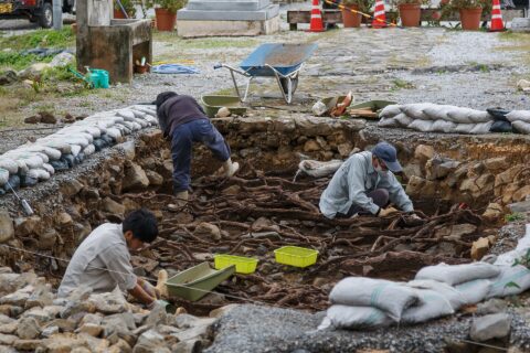 Nakijin, Okinawa, Japan: Archeological excavations in front of the main gate of Nakijin Castle.