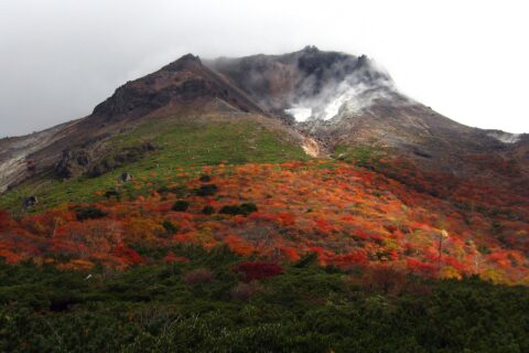 那須岳の茶臼岳。西側の姥ヶ平より撮影。中央の噴気口が無限地獄。