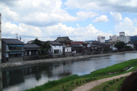 大分県日田市隈町の小股川沿いにある町屋を亀山公園内より撮影したもの。