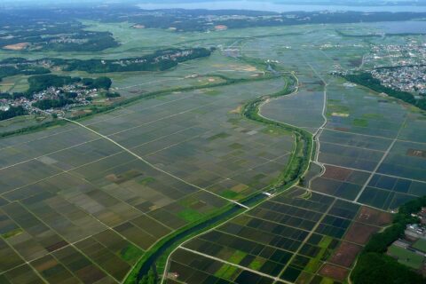 A view of paddy fields and Takase River in the border between Tohoku and Shichinohe, Aomori Prefecture, Japan.