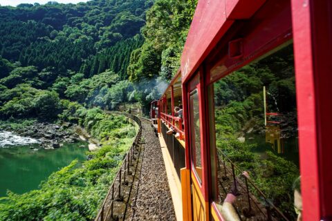 View of Hozu River from a Sagano Scenic Railway train