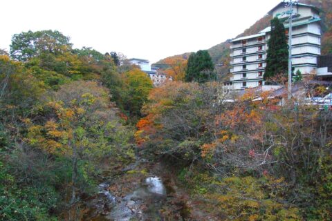 作並温泉 - 日本国、宮城県、仙台市、青葉区、作並。広瀬川の作並橋から川下向き。右はホテル一の坊、正面に少し見えるのは岩松旅館。