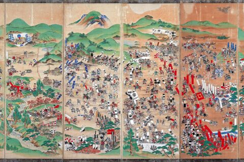 Sekigahara Kassen Byōbu (『関ヶ原合戦屏風』), Japanese screen depicting the Battle of Sekigahara (関ヶ原の戦い). This 1854 replica recreates the original Hikone-jō Bon Sekigahara Kassen Byōbu (彦根城本『関ヶ原合戦屏風』[1]) by Sadanobu Kanō (狩野貞信)