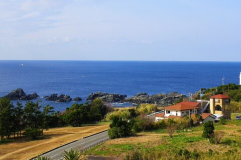 潮岬観光タワー展望台から望む潮岬海岸と潮岬灯台。