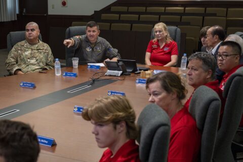 35th Fighter Wing leadership sits down with Misawa City mayor Yoshinori Kohiyama and members of the Wenatchee Valley sister city delegation during a presentation at Misawa Air Base, Japan, Oct. 3, 2025. Delegates from We