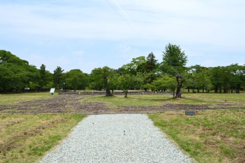 多賀城政庁跡 石敷広場（手前）と正殿（奥）